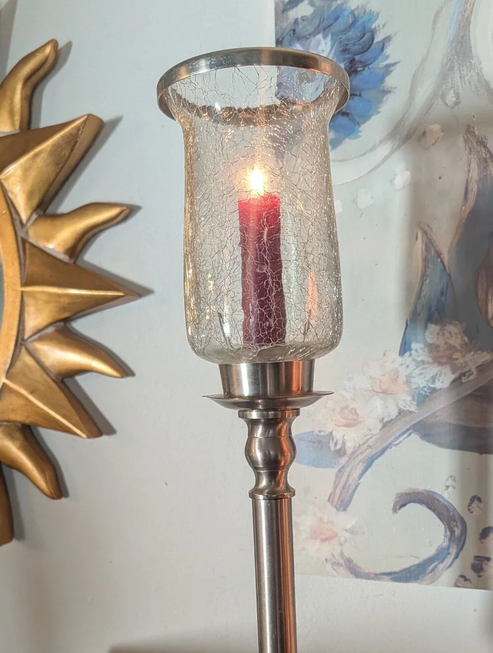 Vintage Brushed Nickel Hurricane Candle Stick Holder 16 3/4